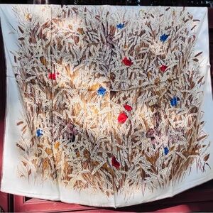 Floral Patterned Scarf with Red and Blue Accents